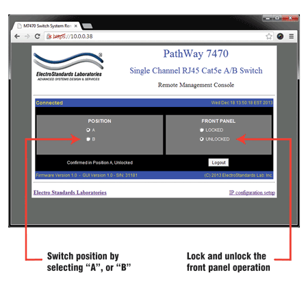 How to use GUI to remotely change position and lock status for Model 7470 RJ45 A/B Switch